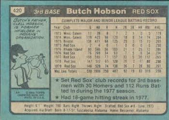 1980 Topps #420 Butch Hobson Back