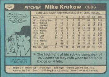 1980 Topps #431 Mike Krukow Back