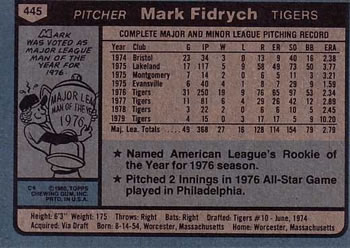 1980 Topps #445 Mark Fidrych Back
