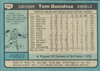 1980 Topps #454 Tom Donohue Back
