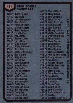 1980 Topps #484 Checklist: 364-484 Back