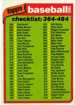 1980 Topps #484 Checklist: 364-484 Front