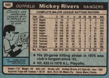 1980 Topps #485 Mickey Rivers Back