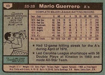 1980 Topps #49 Mario Guerrero Back