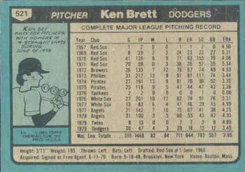 1980 Topps #521 Ken Brett Back