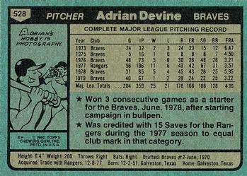 1980 Topps #528 Adrian Devine Back