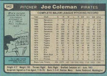 1980 Topps #542 Joe Coleman Back