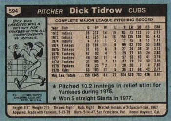 1980 Topps #594 Dick Tidrow Back