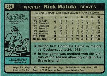 1980 Topps #596 Rick Matula Back