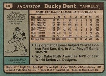1980 Topps #60 Bucky Dent Back