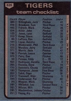 1980 Topps #626 Detroit Tigers / Sparky Anderson Back