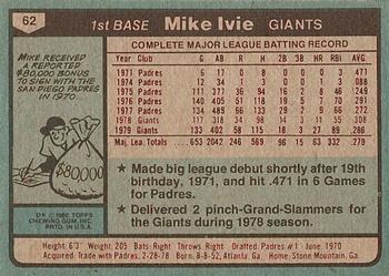 1980 Topps #62 Mike Ivie Back