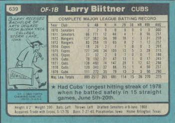 1980 Topps #639 Larry Biittner Back
