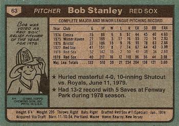 1980 Topps #63 Bob Stanley Back