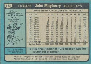 1980 Topps #643 John Mayberry Back
