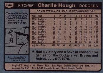1980 Topps #644 Charlie Hough Back