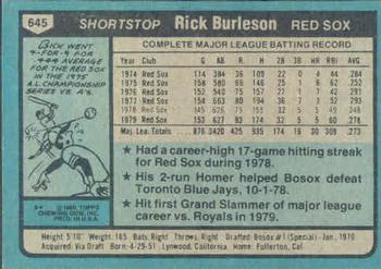 1980 Topps #645 Rick Burleson Back