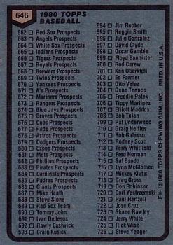 1980 Topps #646 Checklist: 606-726 Back