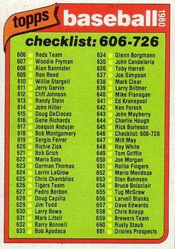 1980 Topps #646 Checklist: 606-726 Front