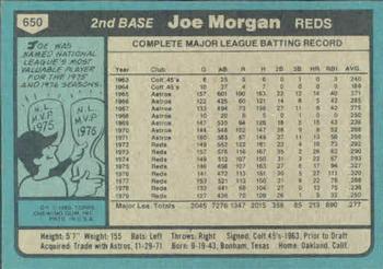 1980 Topps #650 Joe Morgan Back