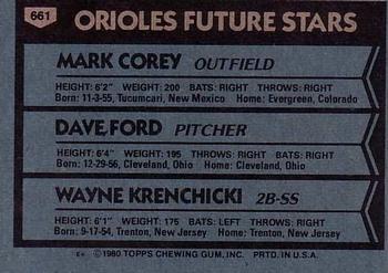 1980 Topps #661 Orioles Future Stars (Mark Corey / Dave Ford / Wayne Krenchicki) Back