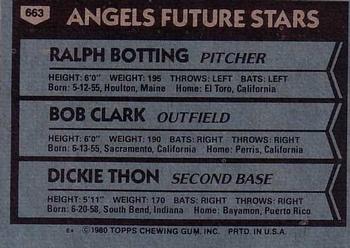 1980 Topps #663 Angels Future Stars (Ralph Botting / Bob Clark / Dickie Thon) Back