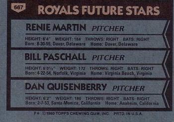 1980 Topps #667 Royals Future Stars (Renie Martin / Bill Paschall / Dan Quisenberry) Back