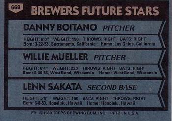 1980 Topps #668 Brewers Future Stars (Danny Boitano / Willie Mueller / Lenn Sakata) Back