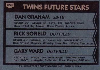 1980 Topps #669 Twins Future Stars (Dan Graham / Rick Sofield / Gary Ward) Back