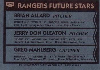 1980 Topps #673 Rangers Future Stars (Brian Allard / Jerry Don Gleaton / Greg Mahlberg) Back