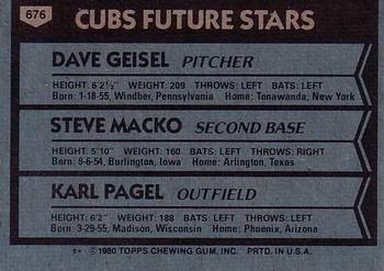 1980 Topps #676 Cubs Future Stars (Dave Geisel / Steve Macko / Karl Pagel) Back