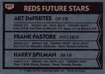 1980 Topps #677 Reds Future Stars (Art DeFreites / Frank Pastore / Harry Spilman) Back