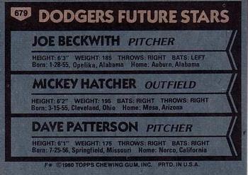 1980 Topps #679 Dodgers Future Stars (Joe Beckwith / Mickey Hatcher / Dave Patterson) Back