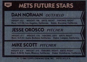 1980 Topps #681 Mets Future Stars (Dan Norman / Jesse Orosco / Mike Scott) Back