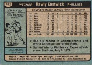 1980 Topps #692 Rawly Eastwick Back