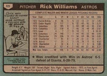 1980 Topps #69 Rick Williams Back
