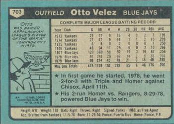 1980 Topps #703 Otto Velez Back
