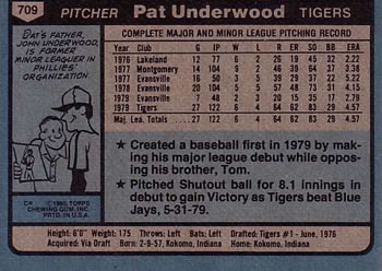 1980 Topps #709 Pat Underwood Back