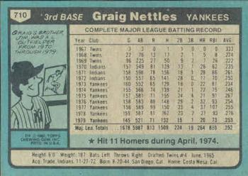 1980 Topps #710 Graig Nettles Back