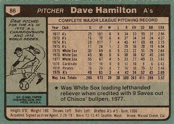 1980 Topps #86 Dave Hamilton Back