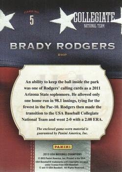 2013 Panini USA Baseball Champions - Game Gear Jerseys #5 Brady Rodgers Back