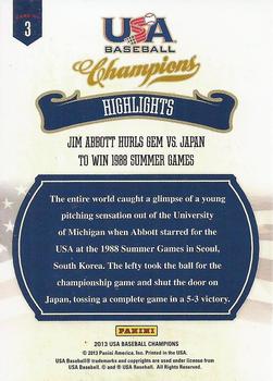 2013 Panini USA Baseball Champions - Highlights #3 Jim Abbott Hurls Gem vs. Japan to Win 1988 Summer Games Back