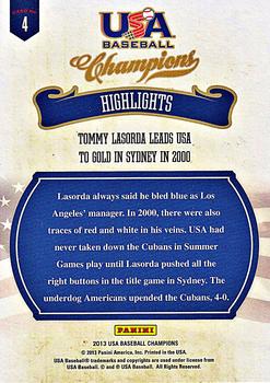 2013 Panini USA Baseball Champions - Highlights #4 Tommy Lasorda Leads USA to Gold in Sydney in 2000 Back