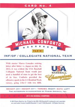 2013 Panini USA Baseball Champions - National Team Certified Signatures Green Ink #4 Michael Conforto Back