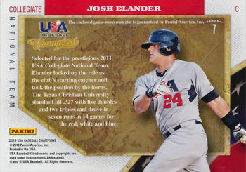 2013 Panini USA Baseball Champions - Prime Patches #7 Josh Elander Back