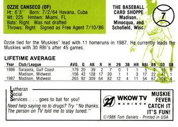 1988 Madison Muskies  #7 Ozzie Canseco Back