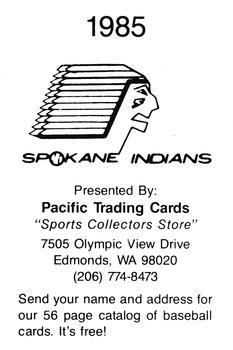 1985 Pacific Spokane Indians #NNO Juan Paris Back