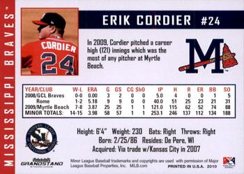2010 Grandstand Mississippi Braves #9 Erik Cordier Back