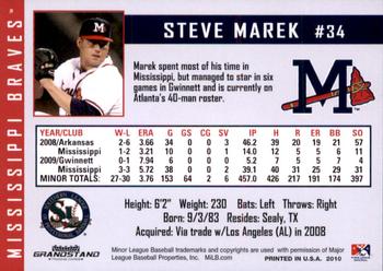 2010 Grandstand Mississippi Braves #21 Steve Marek Back