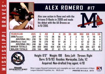 2010 Grandstand Mississippi Braves #27 Alex Romero Back
